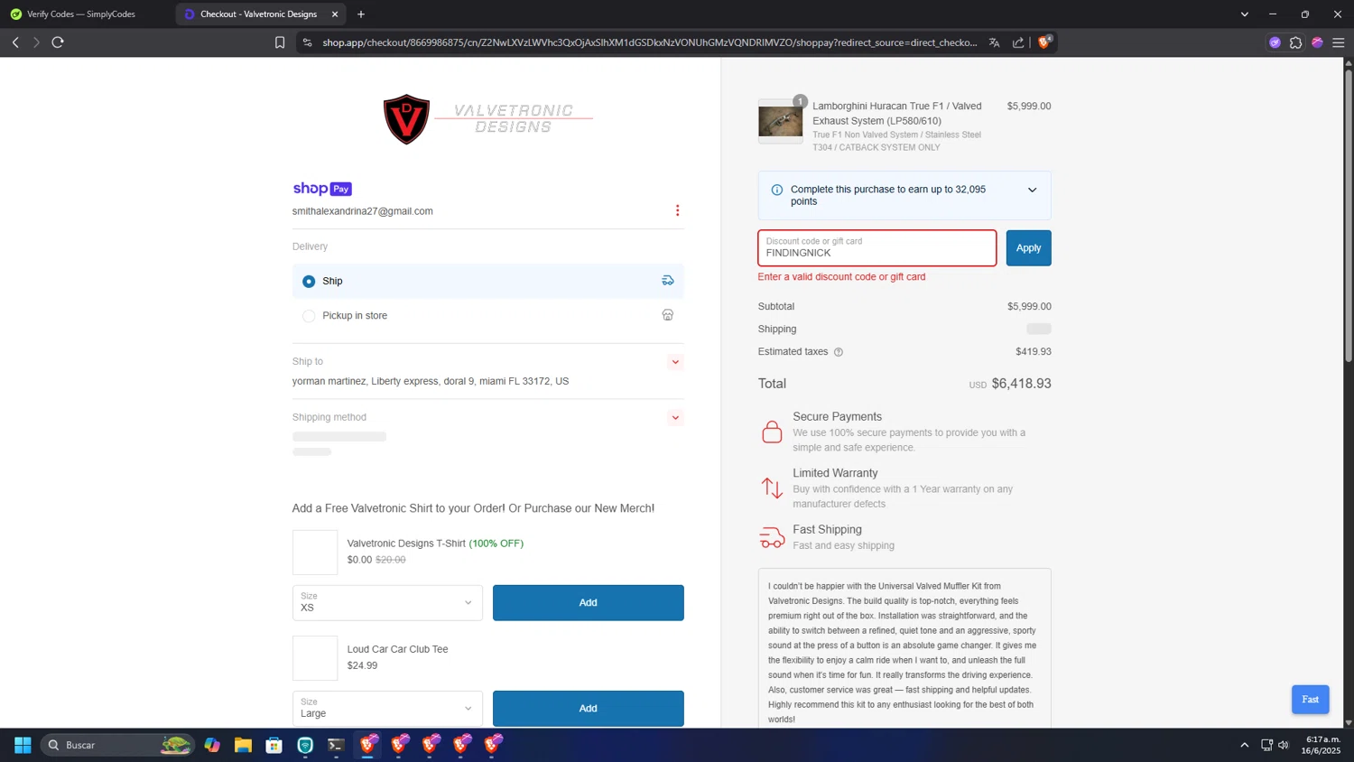 Valvetronic Designs promo code screenshot showing code FINDINGNICK applied at Valvetronic Designs checkout page. Uploaded by SimplyCodes community member MRYORMAN on Jun 16, 2025