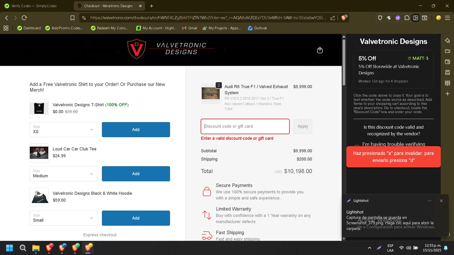 Valvetronic Designs promo code screenshot showing code MATT-5 applied at Valvetronic Designs checkout page. Uploaded by SimplyCodes community member CleverMonarch8868 on Nov 15, 2025