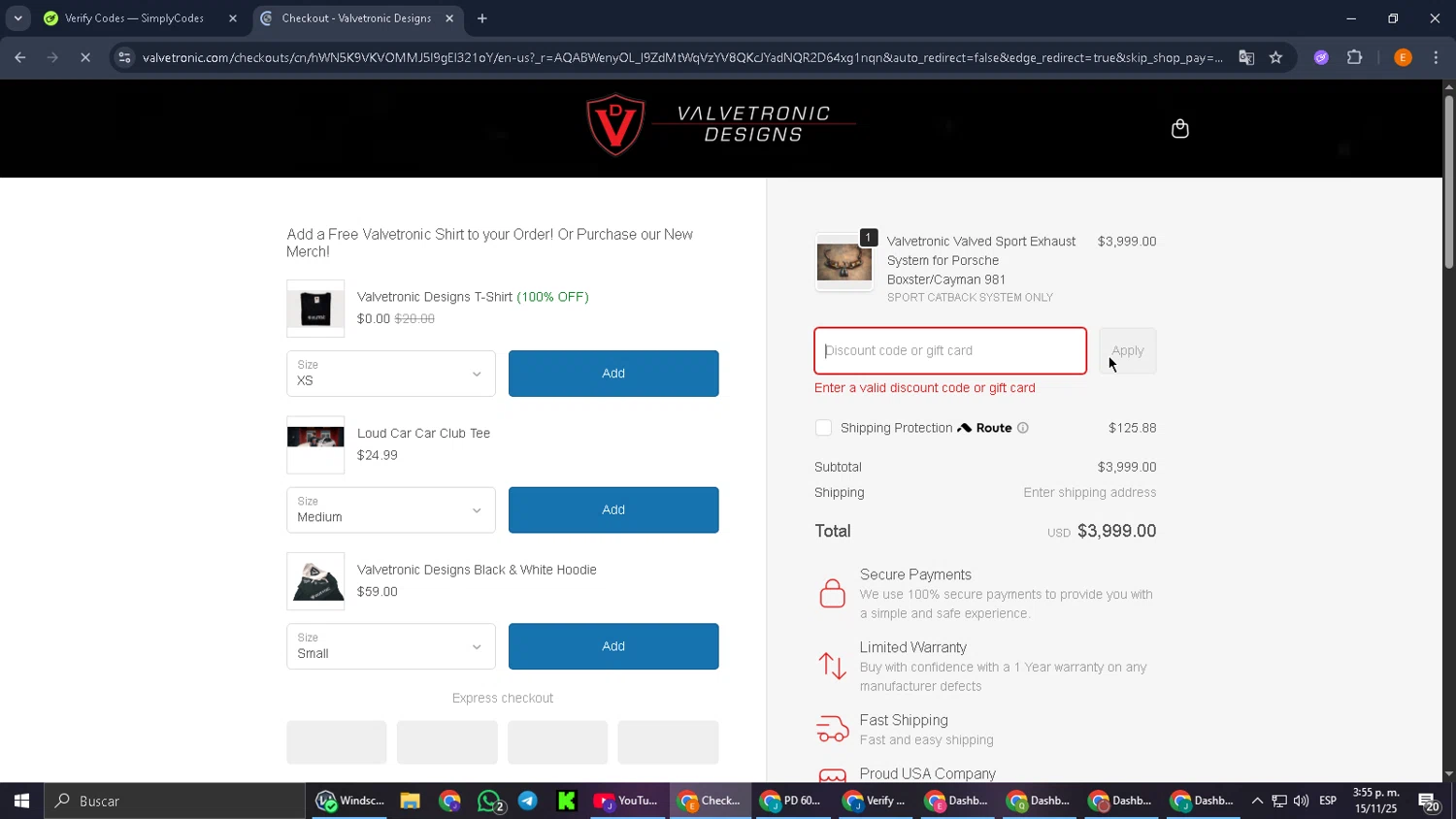 Valvetronic Designs promo code screenshot showing code MATT-5 applied at Valvetronic Designs checkout page. Uploaded by SimplyCodes community member jorgeyahoo on Nov 15, 2025