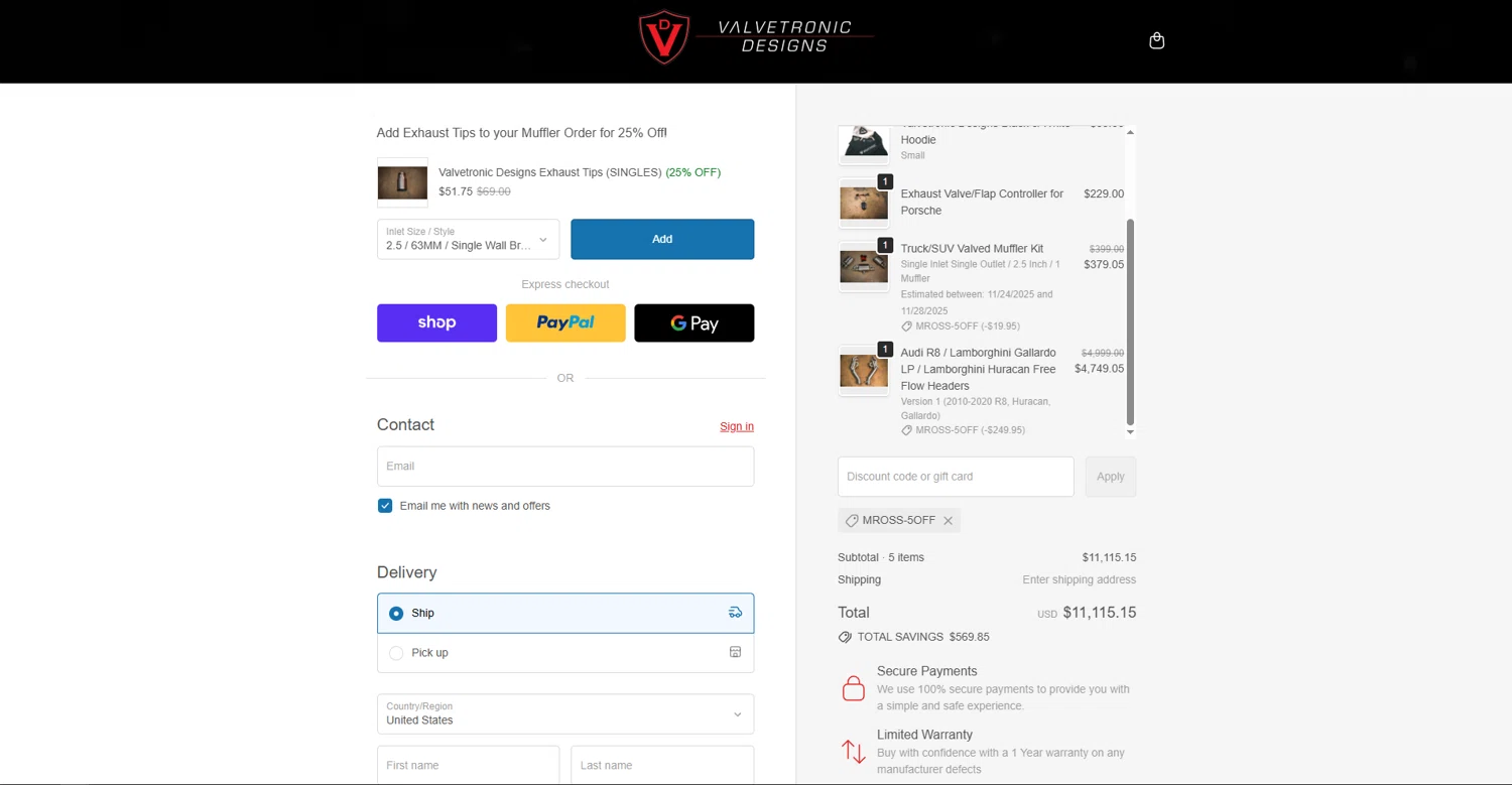 Valvetronic Designs promo code screenshot showing code MROSS-5OFF applied at Valvetronic Designs checkout page. Uploaded by SimplyCodes community member vctr7w7x on Nov 20, 2025
