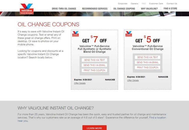 Valvoline Instant Oil Change checkout page showing Valvoline Instant Oil Change coupon code box | Screenshot taken by SimplyCodes community member on Apr 26, 2021