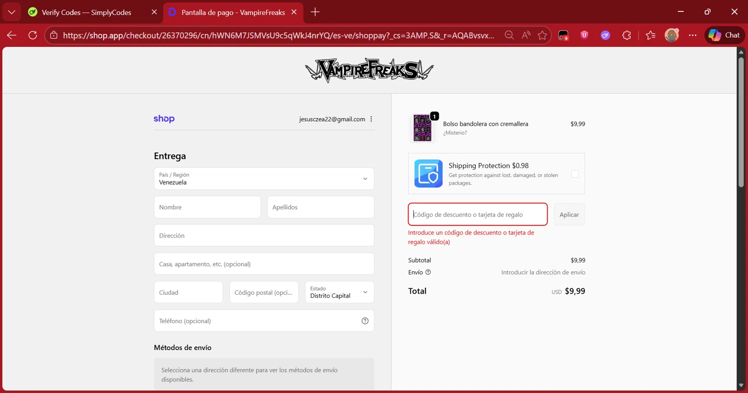 VampireFreaks discount code screenshot showing code MYSTERY applied at VampireFreaks checkout page. Uploaded by SimplyCodes community member DiscountScout1417 on Dec 12, 2025
