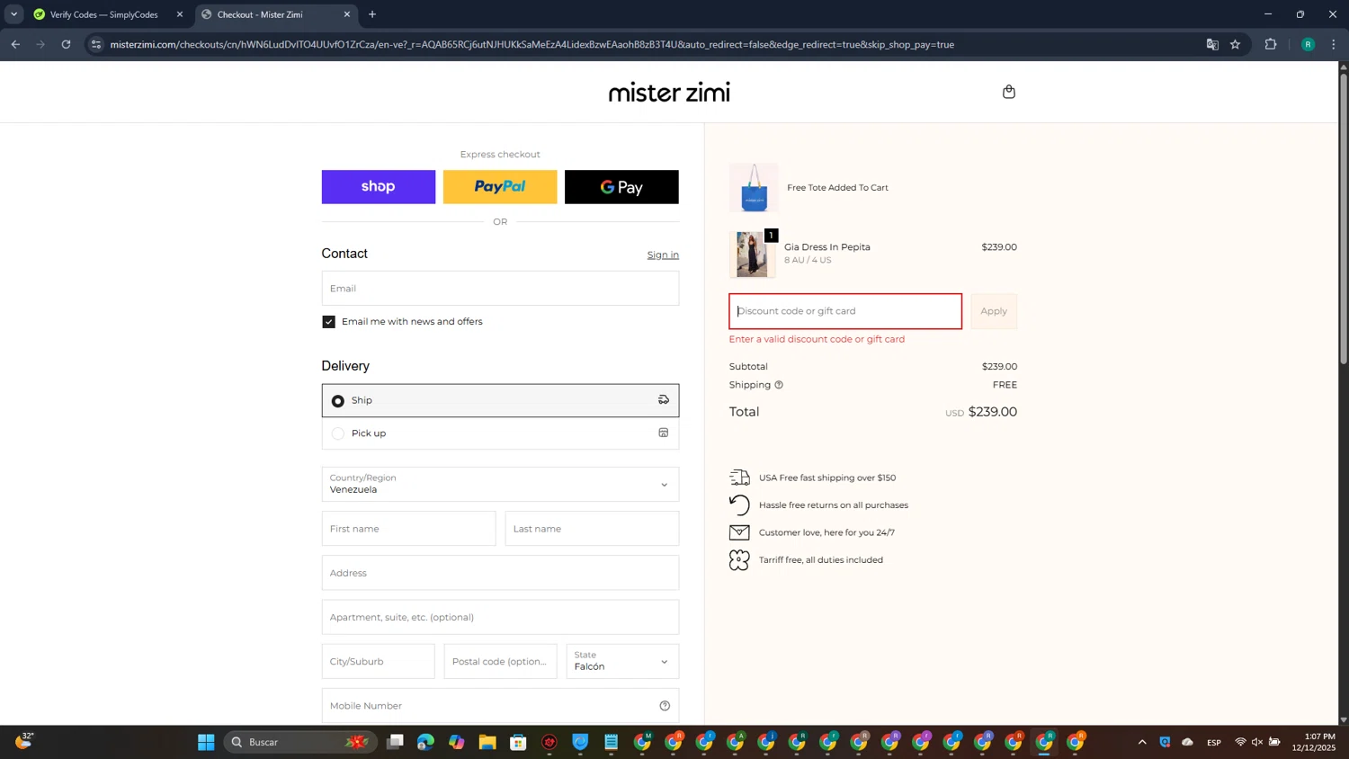VampireFreaks discount code screenshot showing code MYSTERY applied at VampireFreaks checkout page. Uploaded by SimplyCodes community member RewardVoyager146 on Dec 12, 2025