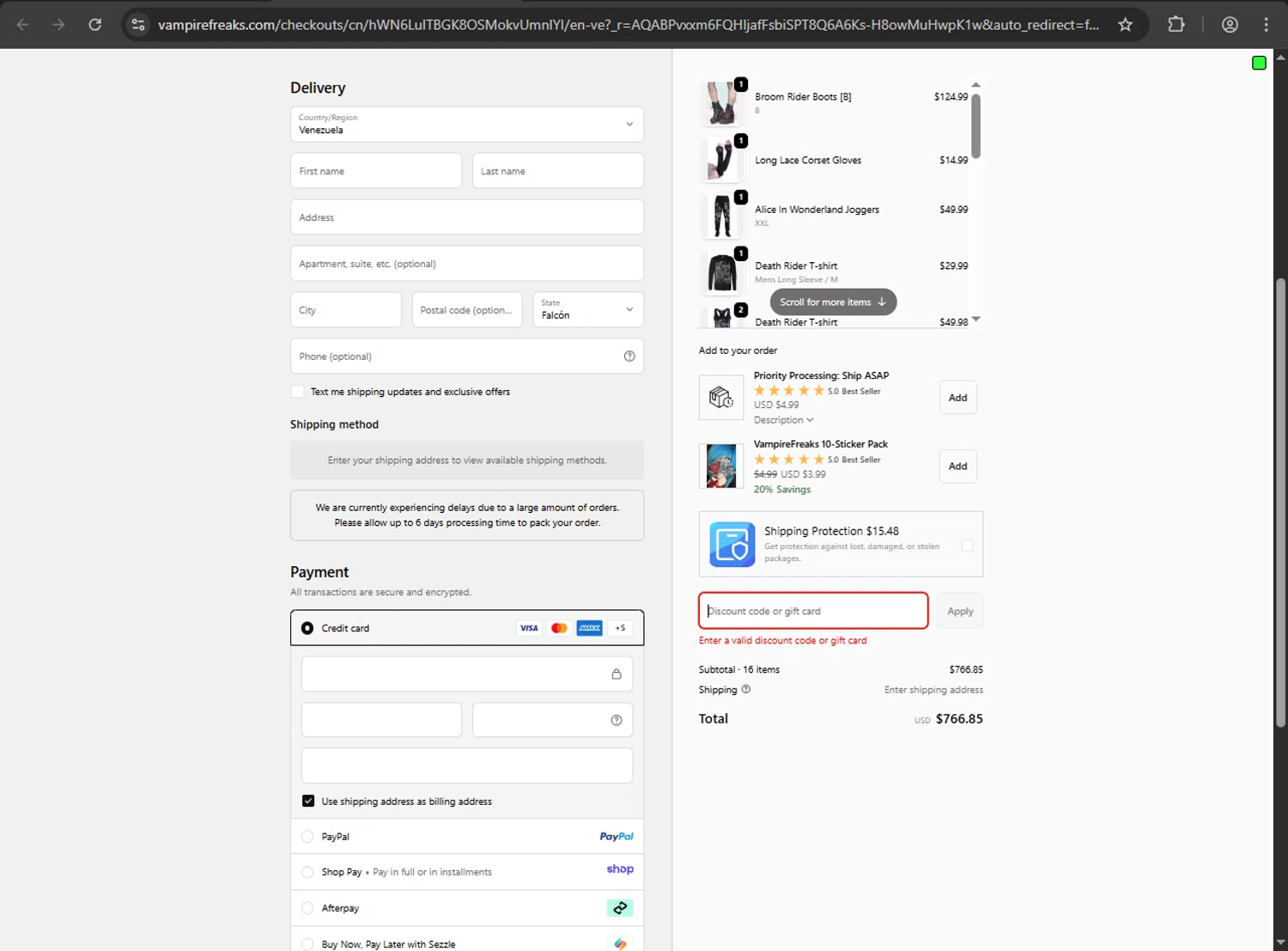VampireFreaks discount code screenshot showing code MYSTERY applied at VampireFreaks checkout page. Uploaded by SimplyCodes community member jickselyspolanco on Dec 12, 2025