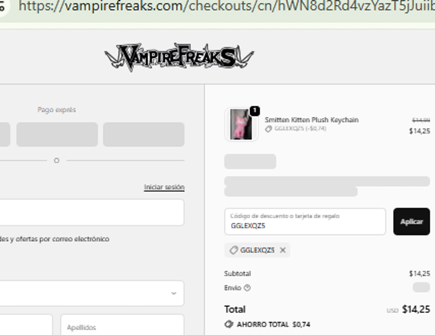 VampireFreaks discount code screenshot showing code GGLEXQZ5 applied at VampireFreaks checkout page. Uploaded by SimplyCodes community member RewardFinder4836 on Feb 10, 2026