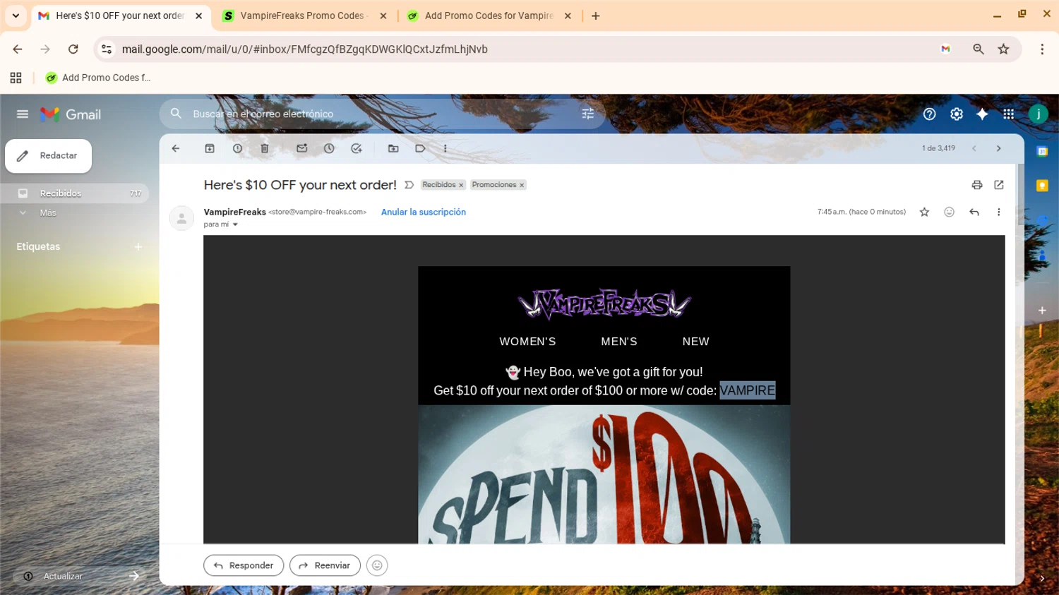 VampireFreaks discount code screenshot showing code VAMPIRE applied at VampireFreaks checkout page. Uploaded by SimplyCodes community member yennifergonzalez on Jan 26, 2026
