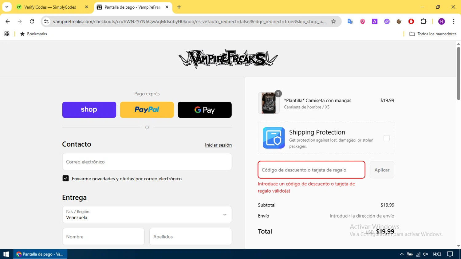 Vampire Freaks Store promo code screenshot showing code VAMPIRE10 applied at Vampire Freaks Store checkout page. Uploaded by SimplyCodes community member CleverCurator2158 on Sep 3, 2025