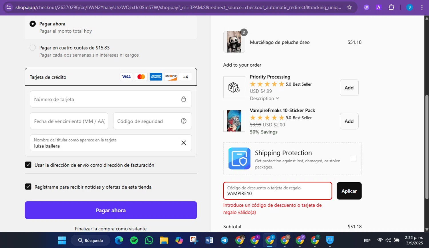 Vampire Freaks Store promo code screenshot showing code VAMPIRE10 applied at Vampire Freaks Store checkout page. Uploaded by SimplyCodes community member FrugalVirtuoso6318 on Sep 3, 2025