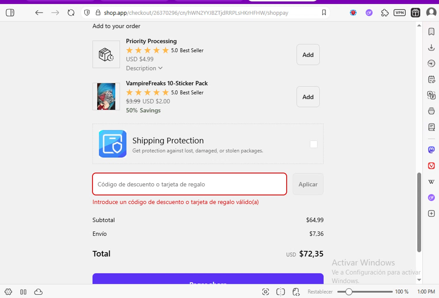 Vampire Freaks Store promo code screenshot showing code VAMPIRE10 applied at Vampire Freaks Store checkout page. Uploaded by SimplyCodes community member luissilva2 on Sep 3, 2025