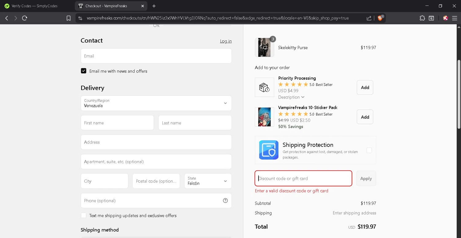 Vampire Freaks Store promo code screenshot showing code BATTY applied at Vampire Freaks Store checkout page. Uploaded by SimplyCodes community member JosephStevens774 on Aug 22, 2025