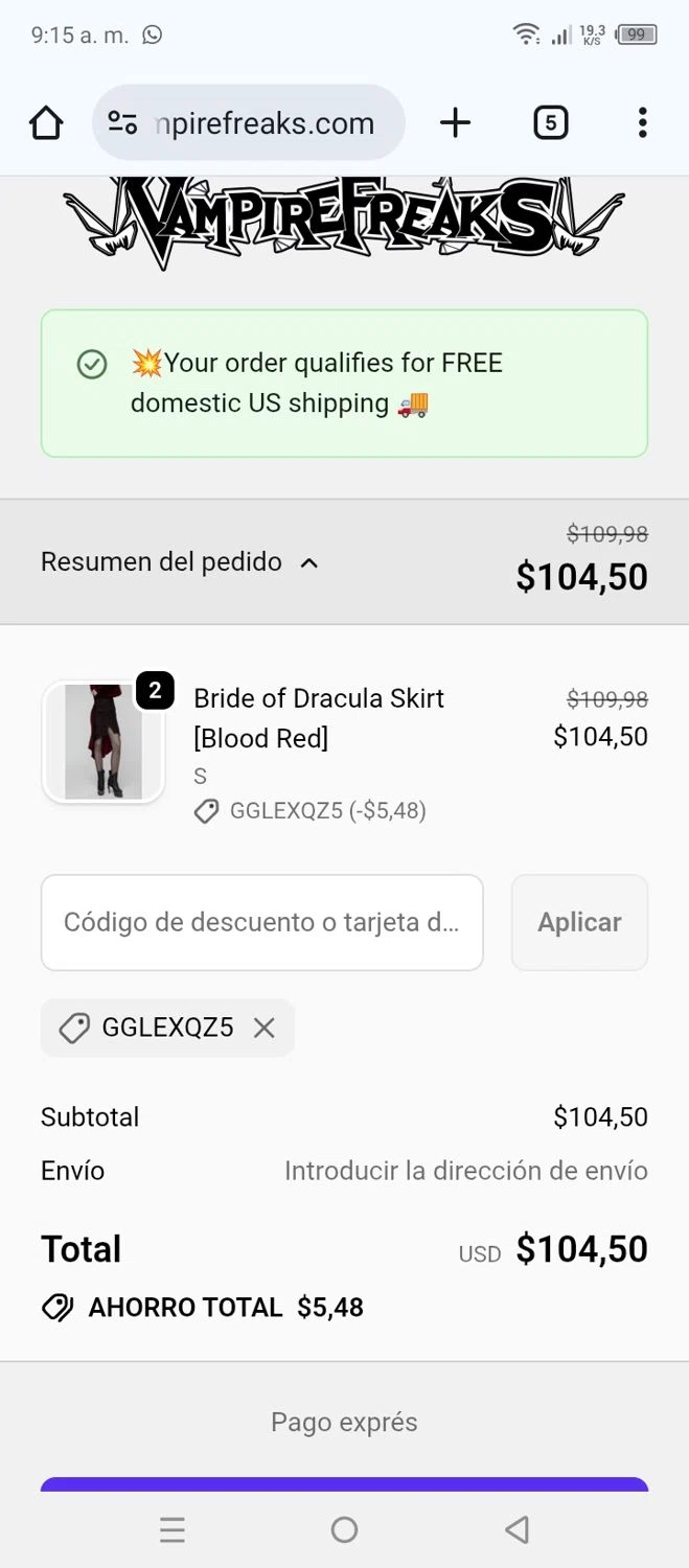 Vampire Freaks Store promo code screenshot showing code GGLEXQZ5 applied at Vampire Freaks Store checkout page. Uploaded by SimplyCodes community member leninandrea on Oct 14, 2025