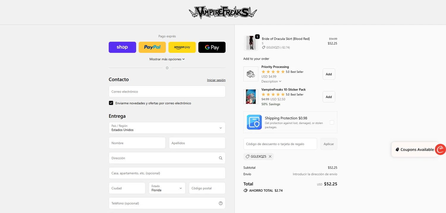 Vampire Freaks Store promo code screenshot showing code GGLEXQZ5 applied at Vampire Freaks Store checkout page. Uploaded by SimplyCodes community member Dorothy on Oct 6, 2025