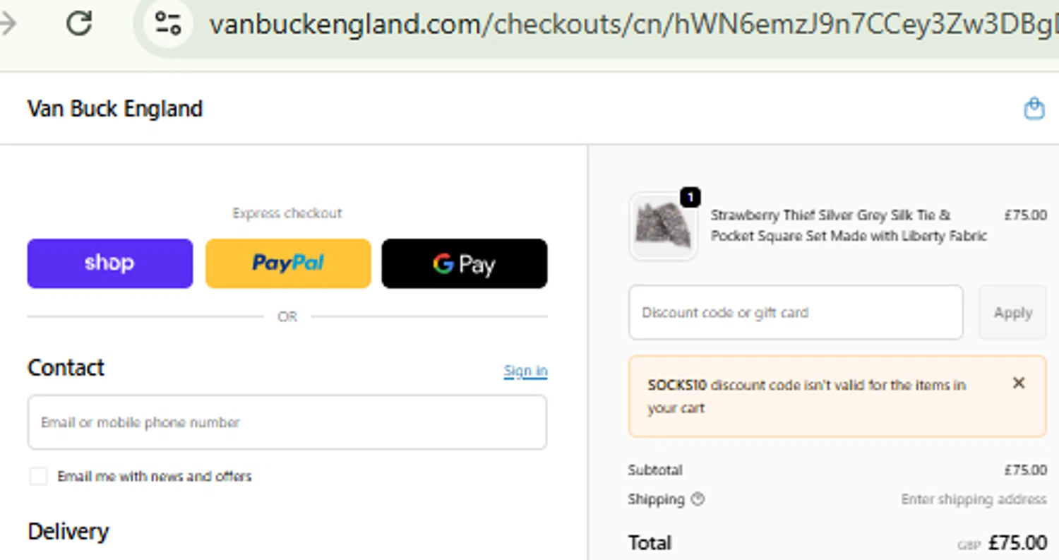 Van Buck England discount code screenshot showing code SOCKS10 applied at Van Buck England checkout page. Uploaded by SimplyCodes community member CashMaestro9337 on Dec 20, 2025