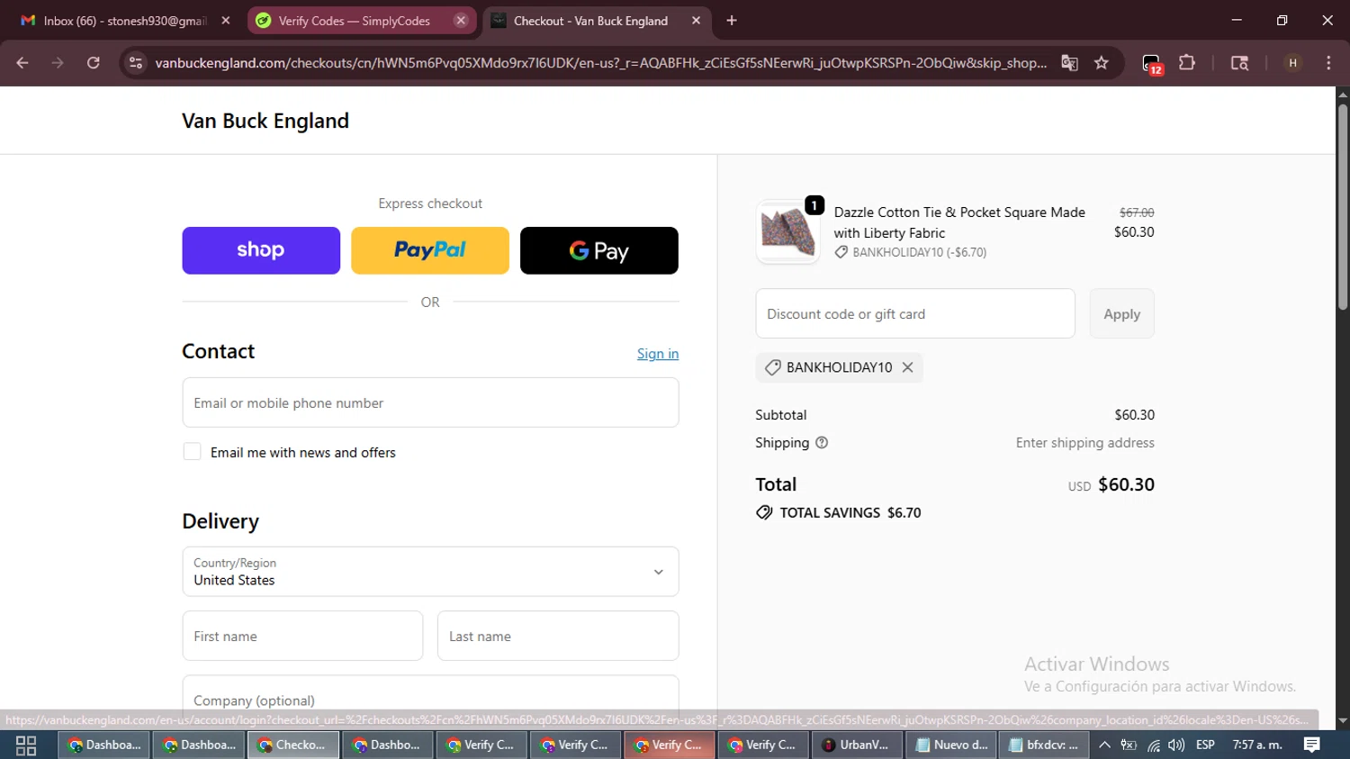 Van Buck England discount code screenshot showing code BANKHOLIDAY10 applied at Van Buck England checkout page. Uploaded by SimplyCodes community member VictoriousPioneer8823 on Nov 27, 2025