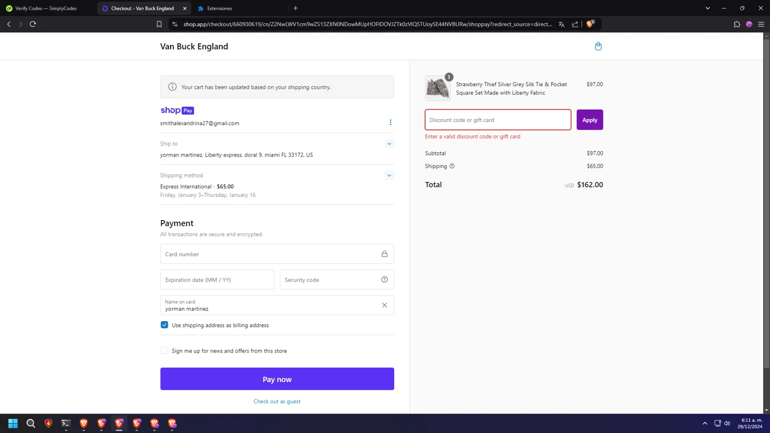 Van Buck England discount code screenshot showing code BLACKFRIDAY24 applied at Van Buck England checkout page. Uploaded by SimplyCodes community member SALCHICHA on Dec 29, 2024