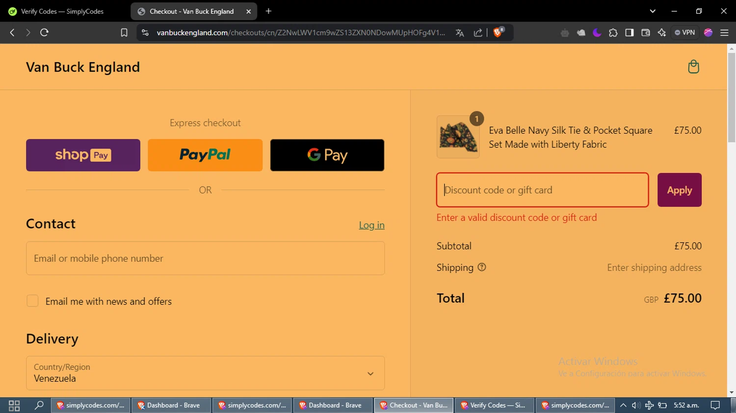 Van Buck England discount code screenshot showing code BLACKFRIDAY24 applied at Van Buck England checkout page. Uploaded by SimplyCodes community member MoneyFox4293 on Dec 29, 2024