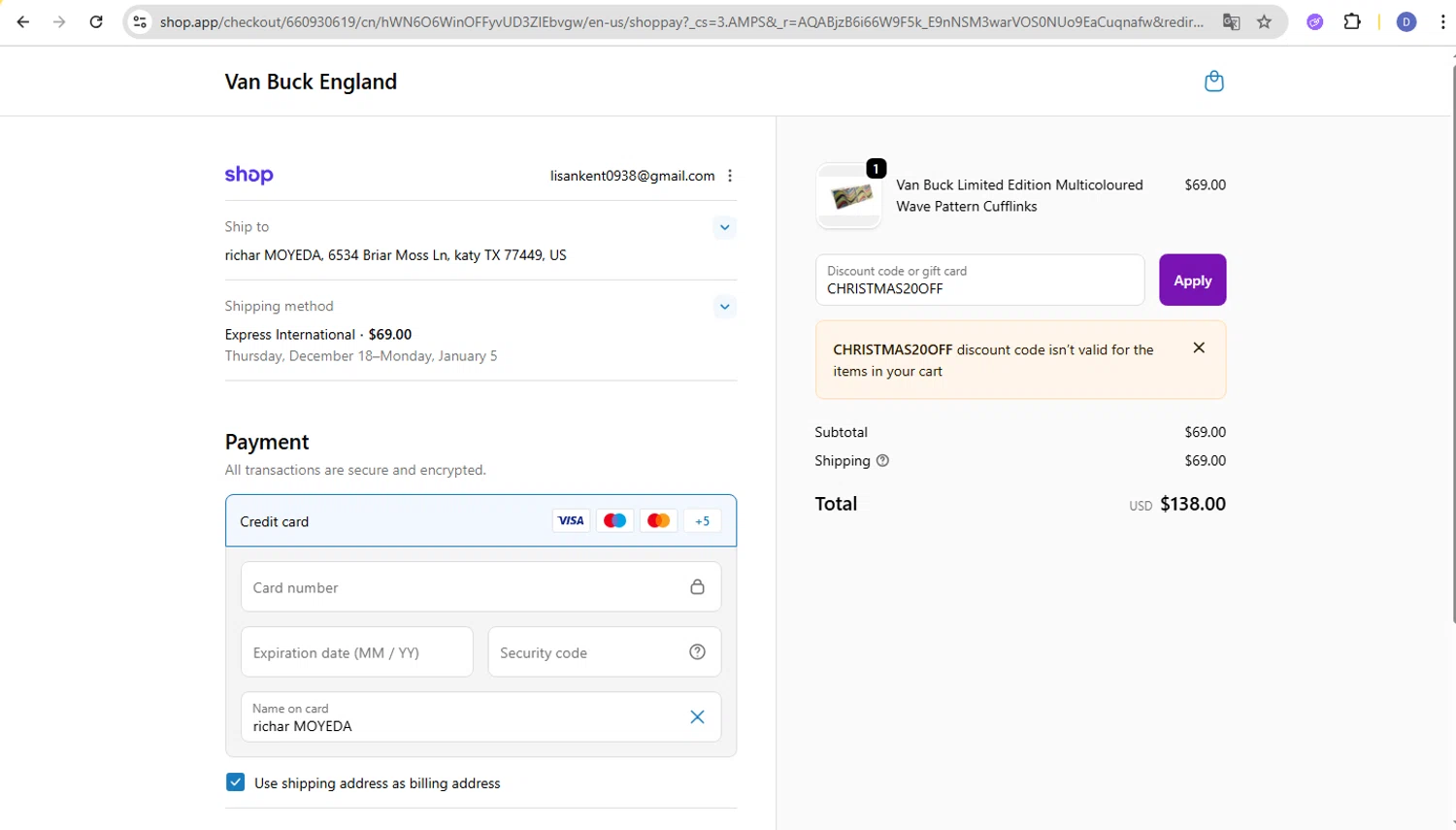 Van Buck England discount code screenshot showing code CHRISTMAS20OFF applied at Van Buck England checkout page. Uploaded by SimplyCodes community member d566ty on Dec 13, 2025
