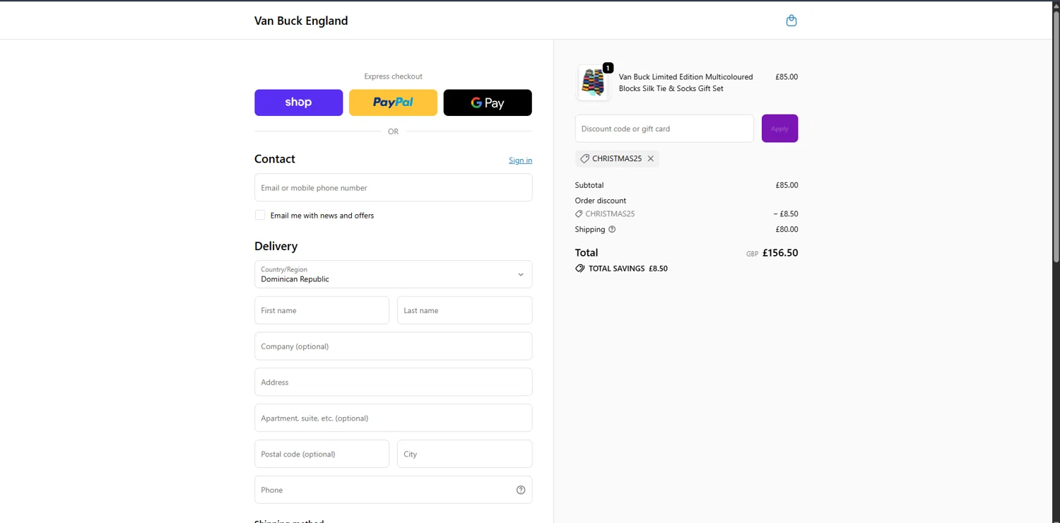 Van Buck England discount code screenshot showing code CHRISTMAS25 applied at Van Buck England checkout page. Uploaded by SimplyCodes community member ScanWarden1089 on Dec 20, 2025