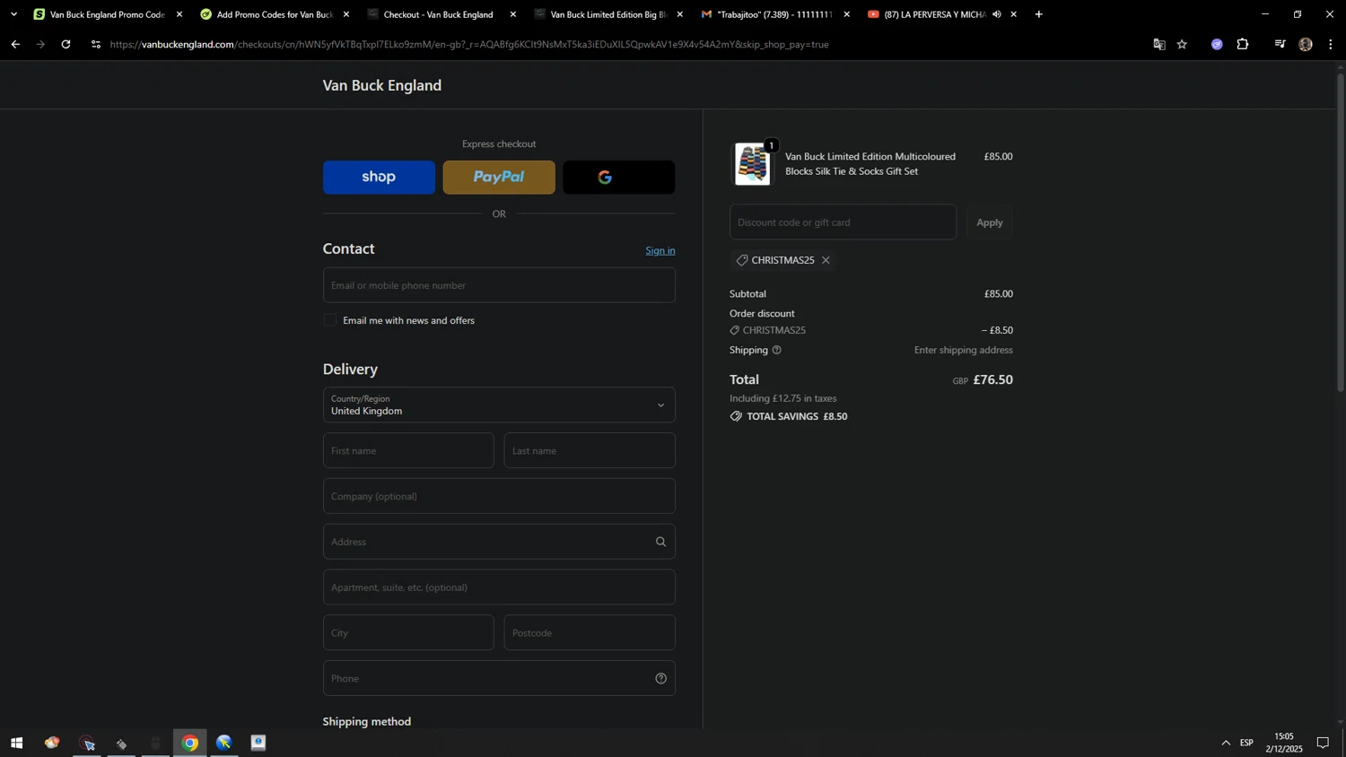 Van Buck England discount code screenshot showing code CHRISTMAS25 applied at Van Buck England checkout page. Uploaded by SimplyCodes community member MarcosAranguren on Dec 2, 2025