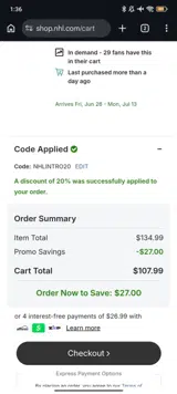 NHLINTRO20 coupon verification screenshot
