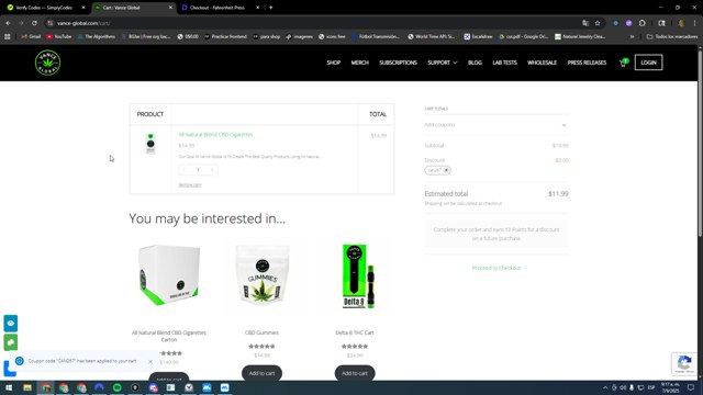 Vance Global checkout page showing Vance Global coupon code box | Screenshot taken by SimplyCodes community member on Sep 7, 2025