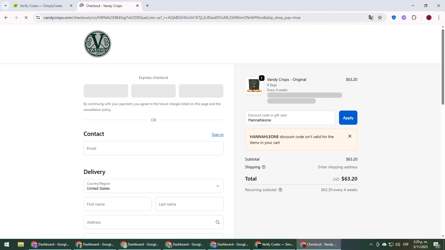 Vandy Crisps promo code screenshot showing code Hannahleone applied at Vandy Crisps checkout page. Uploaded by SimplyCodes community member MightyLegend6657 on Nov 3, 2025