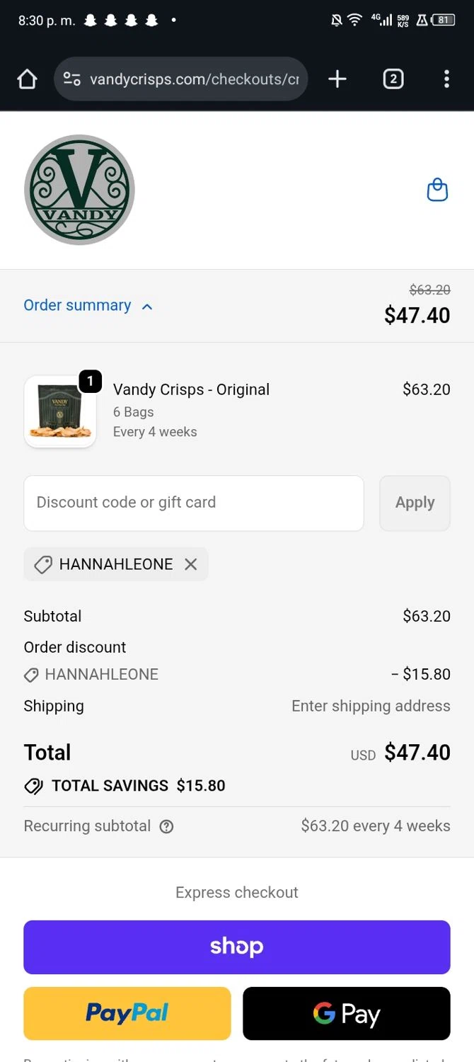 Vandy Crisps promo code screenshot showing code Hannahleone applied at Vandy Crisps checkout page. Uploaded by SimplyCodes community member Sasuk3 on Oct 6, 2025