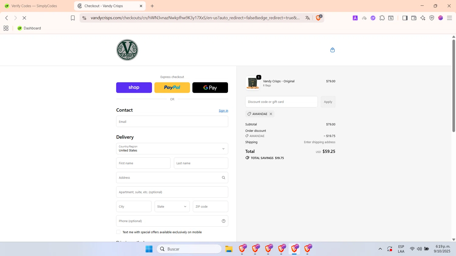 Vandy Crisps promo code screenshot showing code Amandae applied at Vandy Crisps checkout page. Uploaded by SimplyCodes community member TokenTitan4464 on Oct 9, 2025