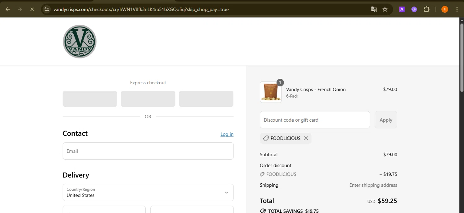 Vandy Crisps promo code screenshot showing code foodlicious applied at Vandy Crisps checkout page. Uploaded by SimplyCodes community member NobleElite1598 on Aug 6, 2025
