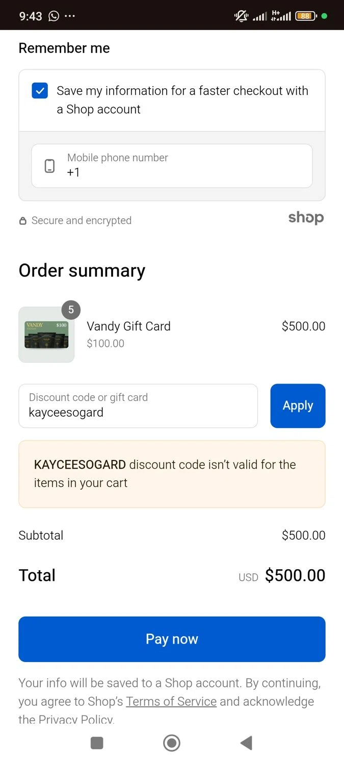 Vandy Crisps promo code screenshot showing code kayceesogard applied at Vandy Crisps checkout page. Uploaded by SimplyCodes community member SavvyWizard7346 on Sep 8, 2025