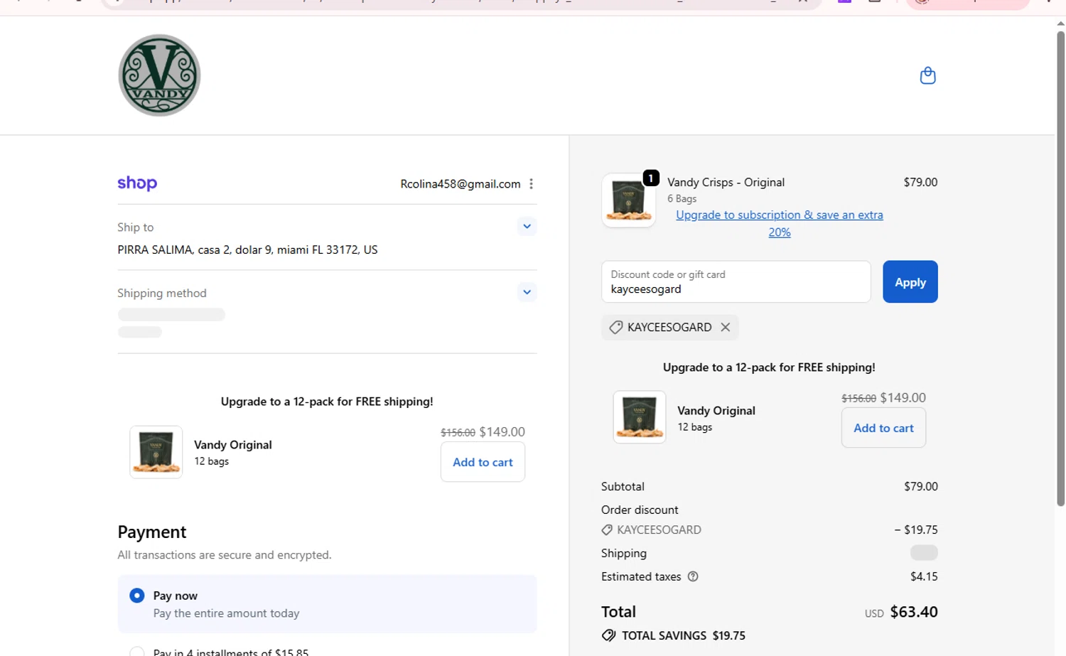 Vandy Crisps promo code screenshot showing code kayceesogard applied at Vandy Crisps checkout page. Uploaded by SimplyCodes community member ShieldTitan9442 on Oct 7, 2025