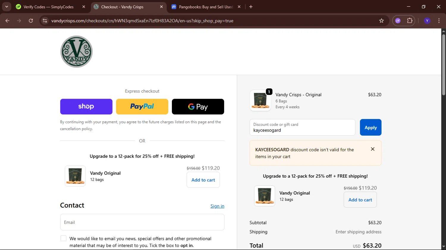 Vandy Crisps promo code screenshot showing code kayceesogard applied at Vandy Crisps checkout page. Uploaded by SimplyCodes community member TokenElite6436 on Oct 7, 2025