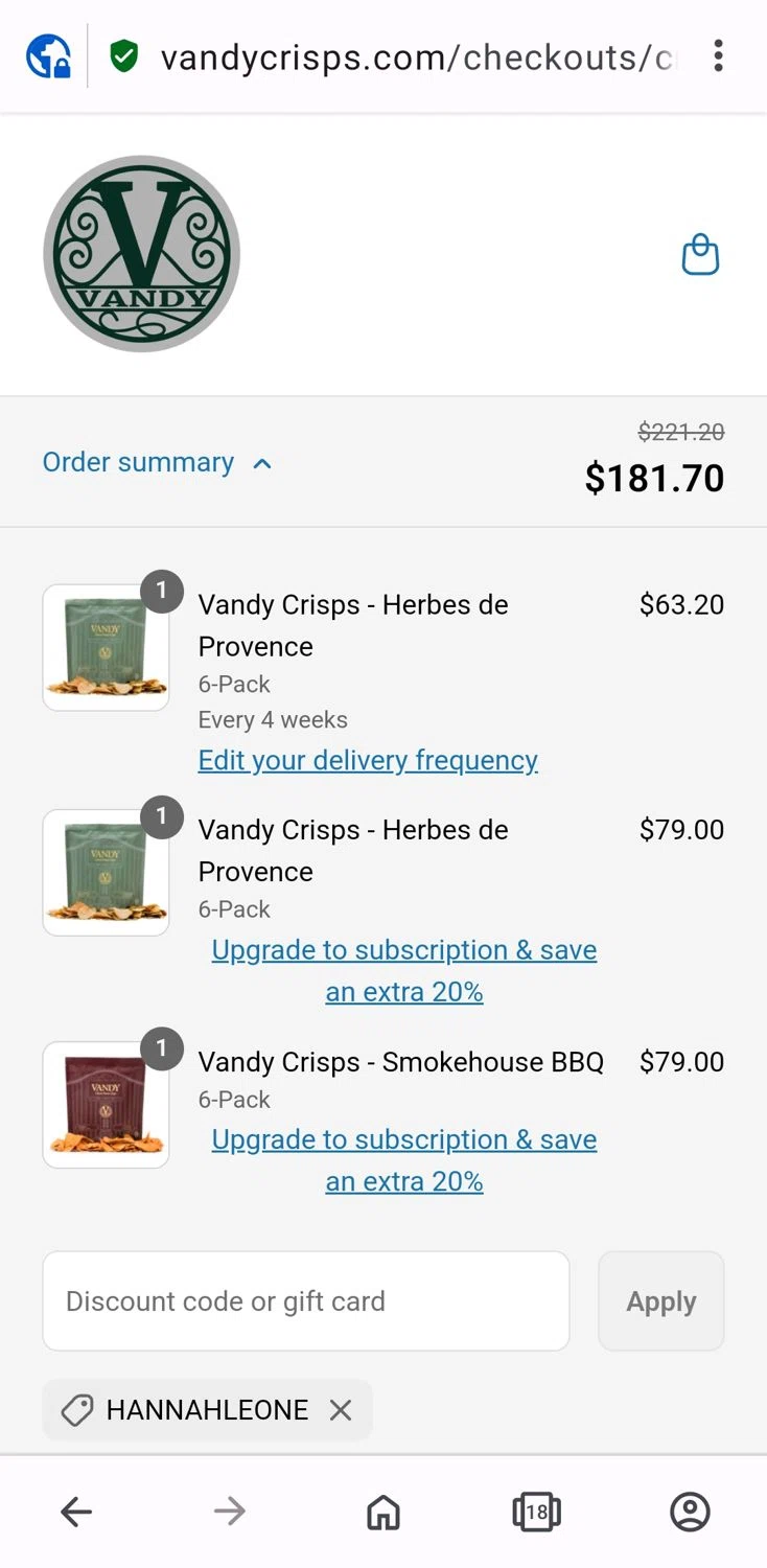 Vandy Crisps promo code screenshot showing code Hannahleone applied at Vandy Crisps checkout page. Uploaded by SimplyCodes community member KarinaHZ on Jul 11, 2025