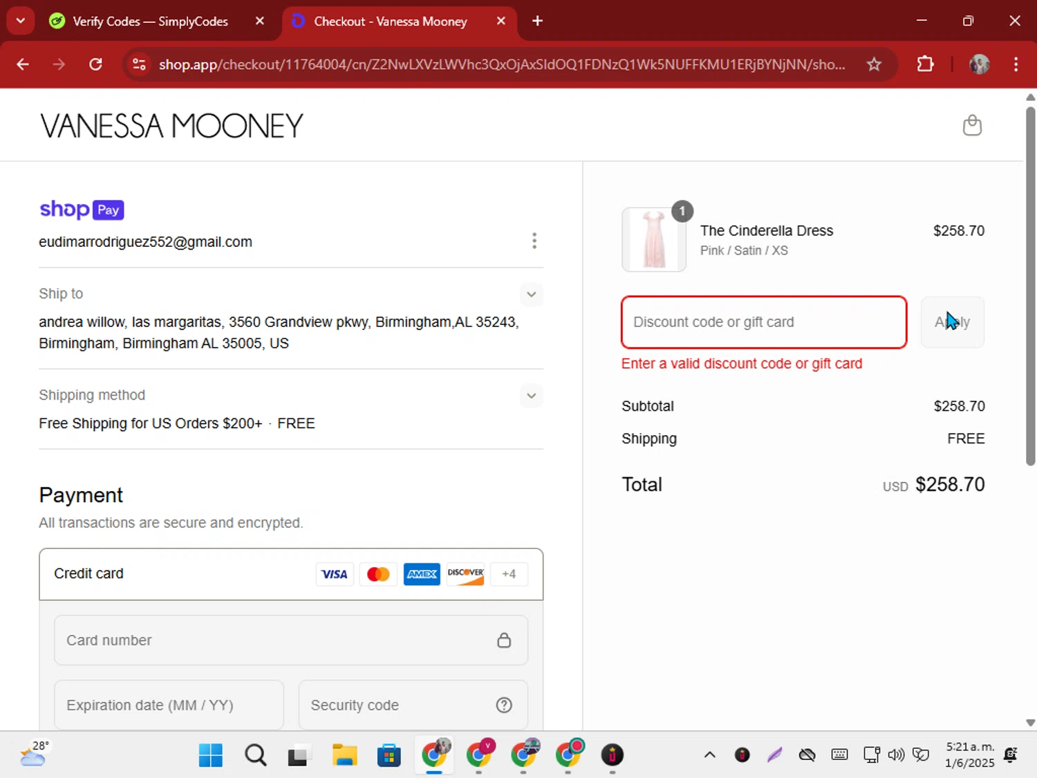 Vanessa Mooney discount code screenshot showing code MISSYOU10 applied at Vanessa Mooney checkout page. Uploaded by SimplyCodes community member ShrewdSeeker5445 on Jun 1, 2025
