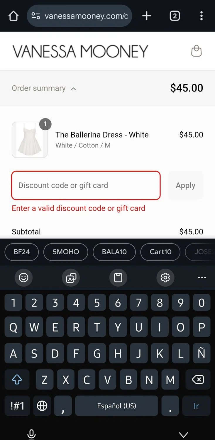 Vanessa Mooney discount code screenshot showing code MISSYOU10 applied at Vanessa Mooney checkout page. Uploaded by SimplyCodes community member gerardlaya on Jun 1, 2025