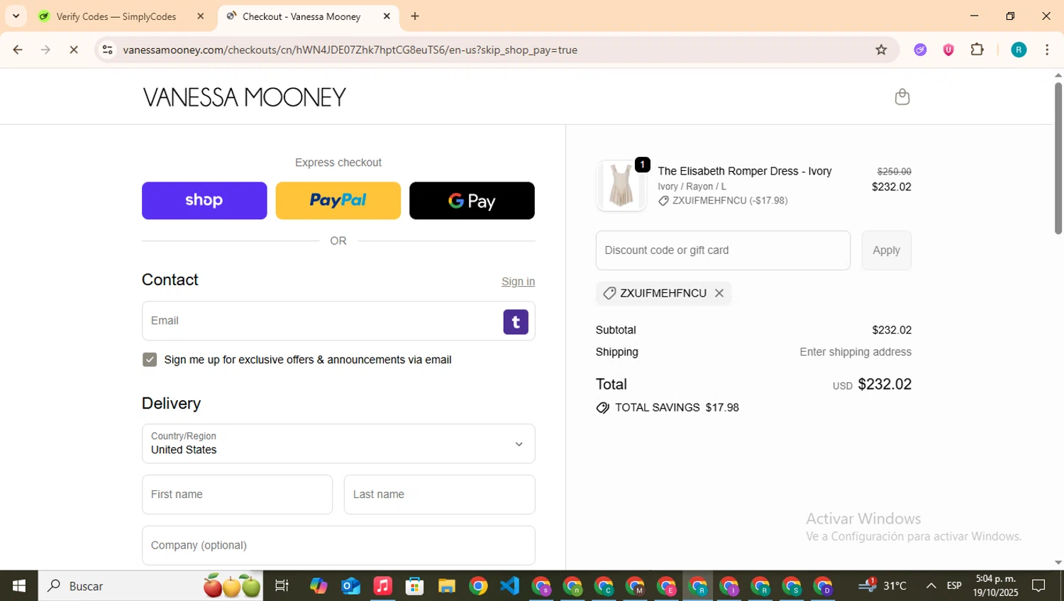 Vanessa Mooney discount code screenshot showing code ZXUIFMEHFNCU applied at Vanessa Mooney checkout page. Uploaded by SimplyCodes community member BudgetHero4407 on Oct 19, 2025