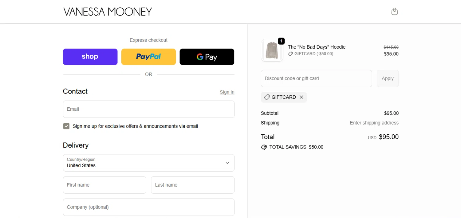 Vanessa Mooney discount code screenshot showing code GIFTCARD applied at Vanessa Mooney checkout page. Uploaded by SimplyCodes community member juanisaac on Feb 4, 2026
