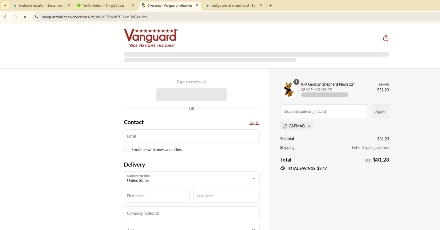 Vanguard Industries discount code screenshot showing code CAPMAG applied at Vanguard Industries checkout page. Uploaded by SimplyCodes community member ScanGenius949 on Aug 23, 2025