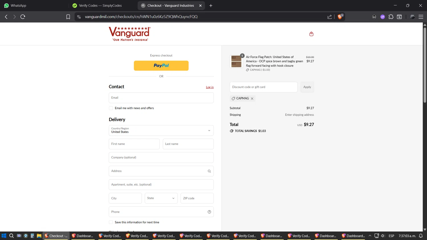 Vanguard Industries discount code screenshot showing code CAPMAG applied at Vanguard Industries checkout page. Uploaded by SimplyCodes community member SimplyGOAT on Aug 17, 2025