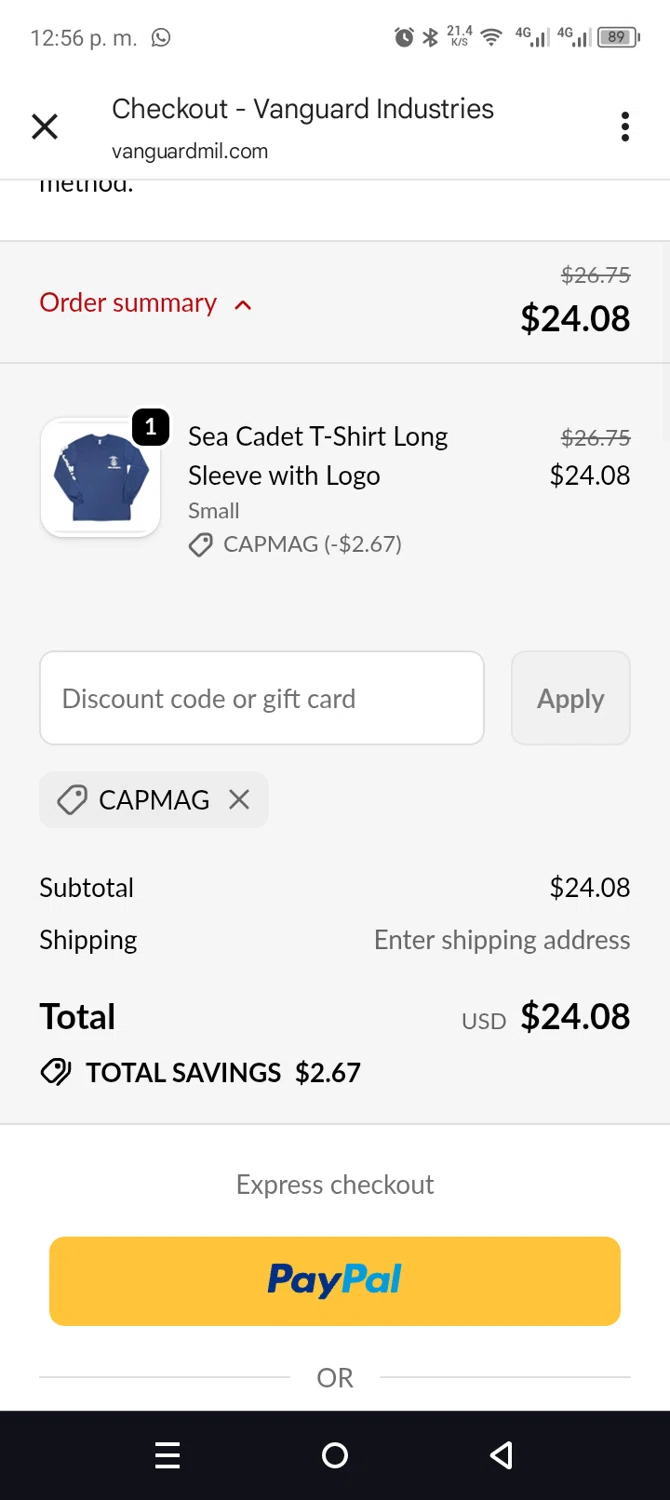 Vanguard Industries discount code screenshot showing code CAPMAG applied at Vanguard Industries checkout page. Uploaded by SimplyCodes community member leiraM on Feb 9, 2026