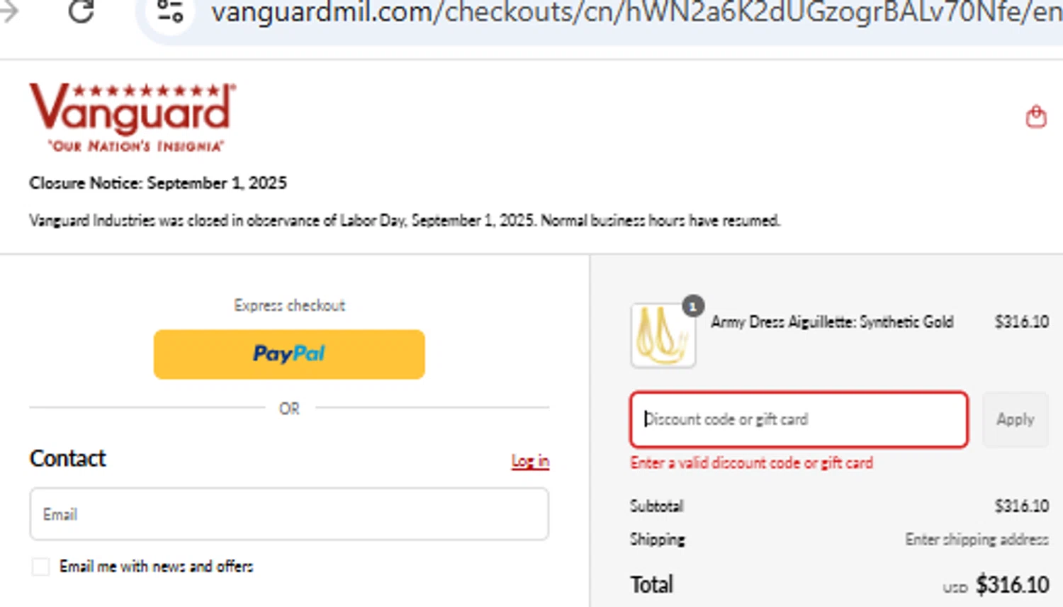 Vanguard Industries discount code screenshot showing code IGAUG2025 applied at Vanguard Industries checkout page. Uploaded by SimplyCodes community member PennyOwl2559 on Sep 4, 2025