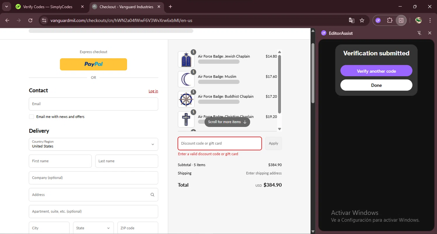 Vanguard Industries discount code screenshot showing code IGAUG2025 applied at Vanguard Industries checkout page. Uploaded by SimplyCodes community member RewardDefender7173 on Sep 4, 2025