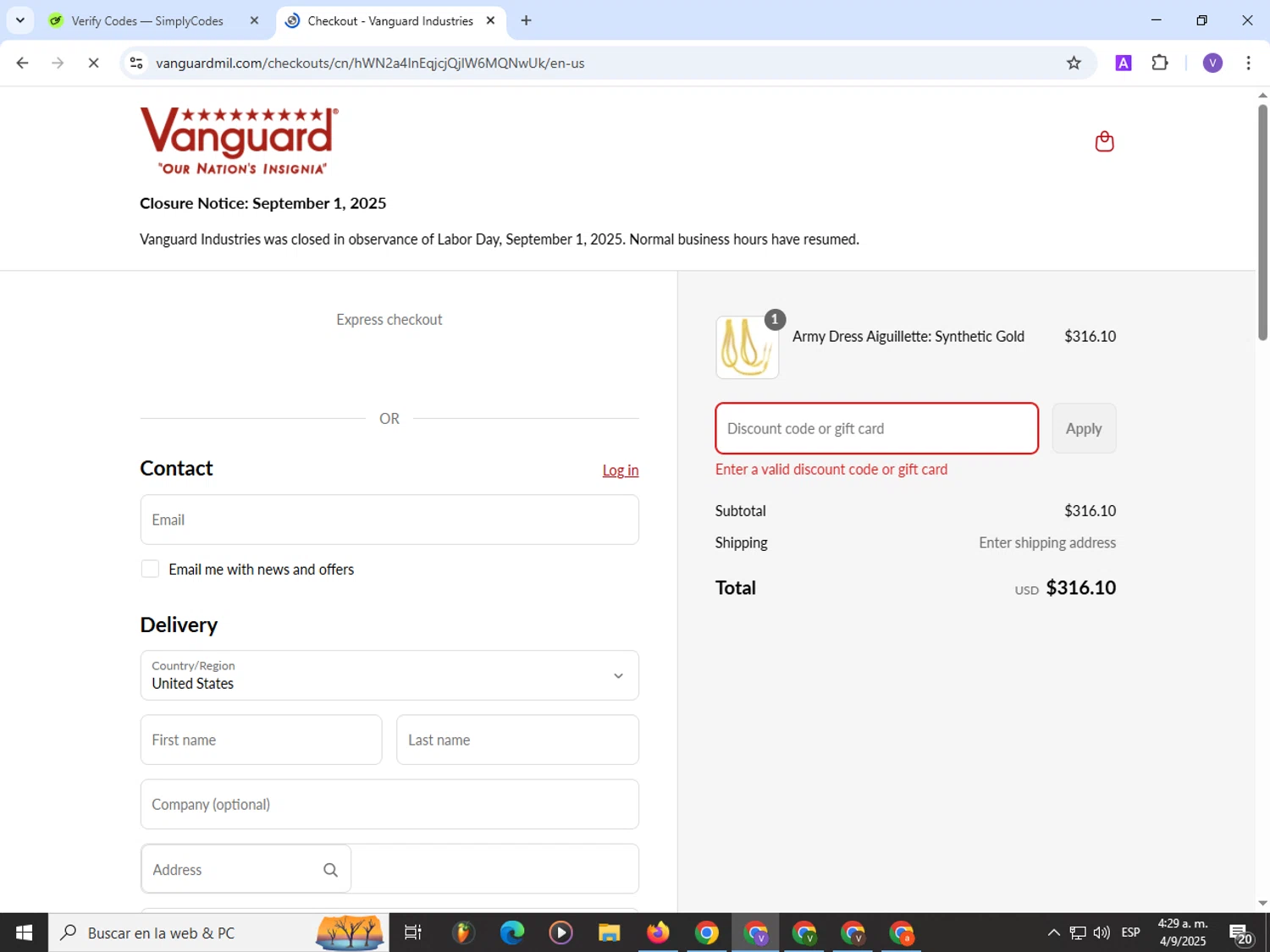 Vanguard Industries discount code screenshot showing code IGAUG2025 applied at Vanguard Industries checkout page. Uploaded by SimplyCodes community member Satoru_gojo on Sep 4, 2025