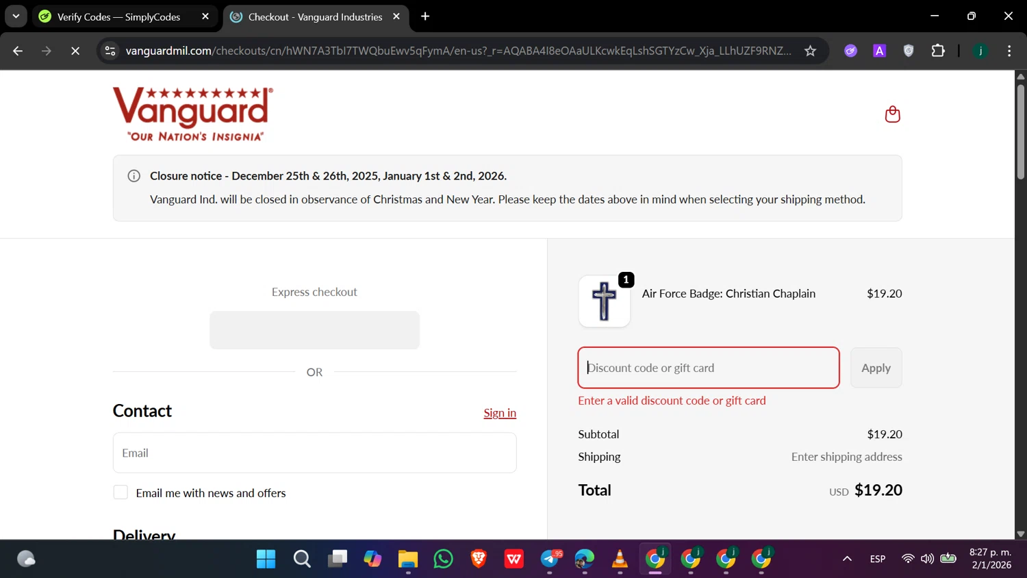 Vanguard Industries discount code screenshot showing code XDEC2025 applied at Vanguard Industries checkout page. Uploaded by SimplyCodes community member hanzell03 on Jan 3, 2026