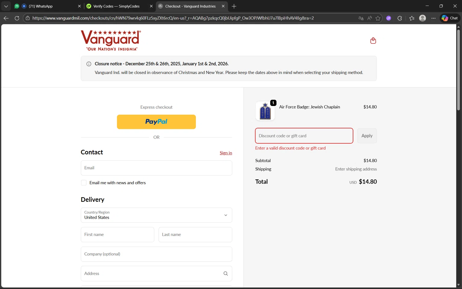 Vanguard Industries discount code screenshot showing code XDEC2025 applied at Vanguard Industries checkout page. Uploaded by SimplyCodes community member juanx1702 on Jan 2, 2026