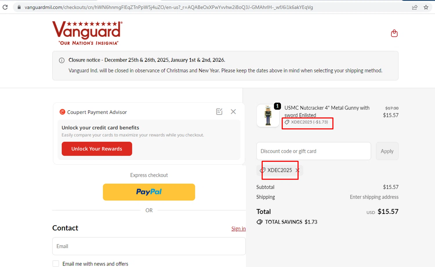 Vanguard Industries discount code screenshot showing code XDEC2025 applied at Vanguard Industries checkout page. Uploaded by SimplyCodes community member nileskamarcano on Dec 22, 2025