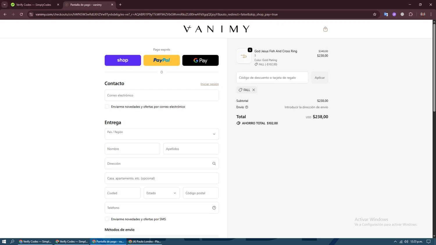 Vanimy discount code screenshot showing code fall applied at Vanimy checkout page. Uploaded by SimplyCodes community member CraazyTroll123 on Nov 20, 2025