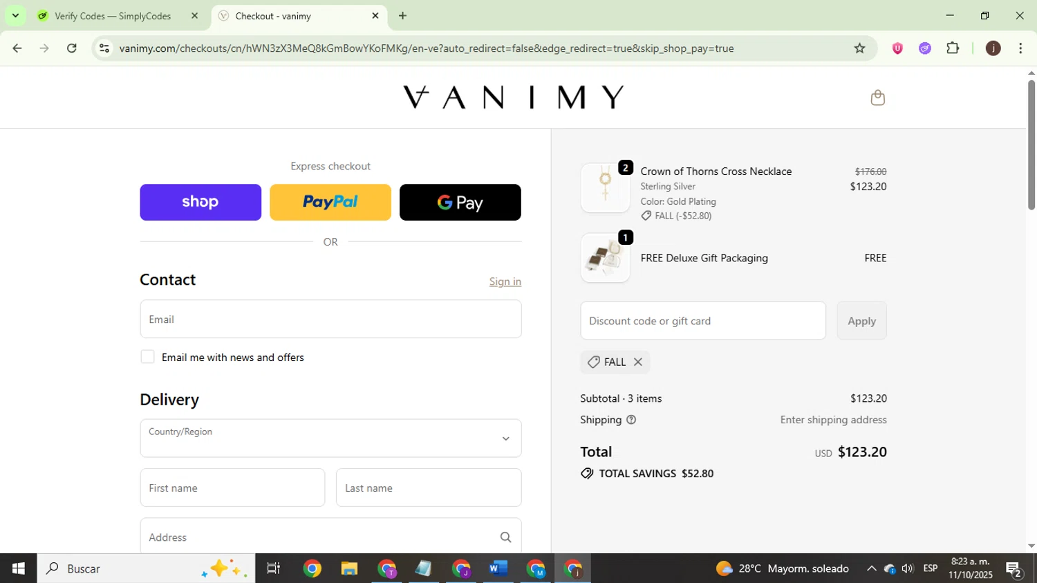 Vanimy discount code screenshot showing code fall applied at Vanimy checkout page. Uploaded by SimplyCodes community member WonderEagle9833 on Oct 11, 2025