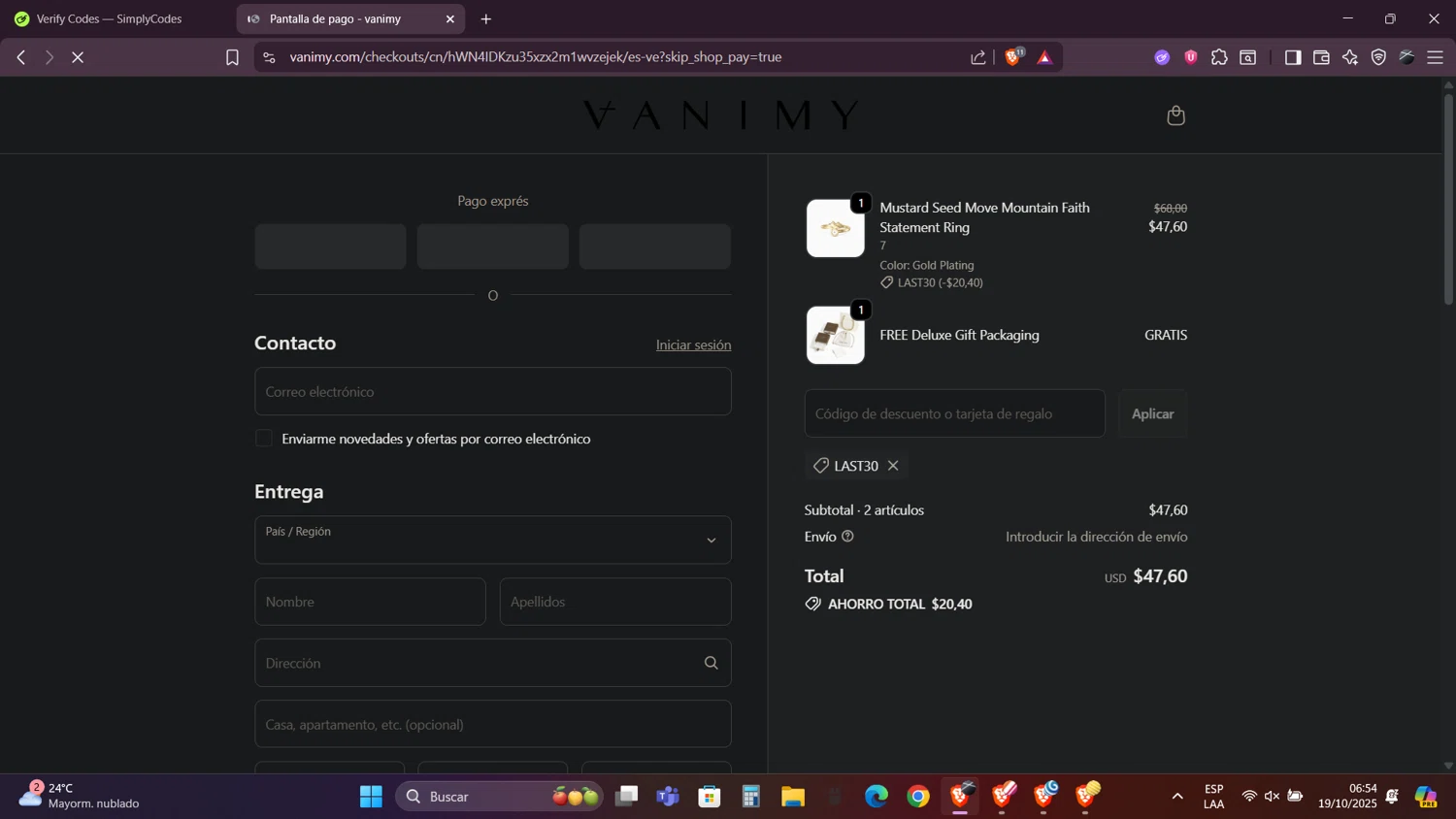 Vanimy discount code screenshot showing code LAST30 applied at Vanimy checkout page. Uploaded by SimplyCodes community member Caraxes on Oct 19, 2025