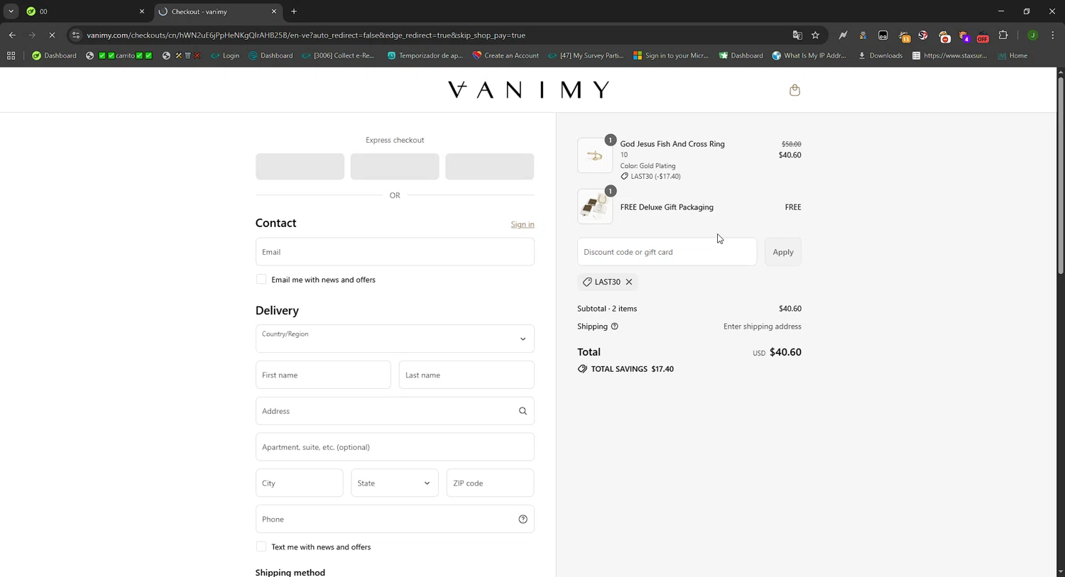 Vanimy discount code screenshot showing code LAST30 applied at Vanimy checkout page. Uploaded by SimplyCodes community member FortunateWizard717 on Sep 12, 2025